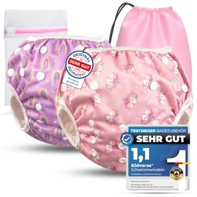 Abbildung von KIDVERSE 2er Set Schwimmwindel Baby 0 3 Jahre Hautfreundliche Schwimmwindeln wiederverwendbar &amp; saugstark mit Tasche Wäschenetz (Pink Unicorn Rainbow)