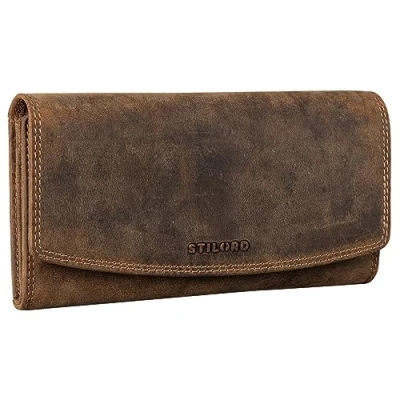 Abbildung von STILORD Felicia Geldbörse aus Leder für Damen, RFID und NFC Schutz, Geldbörse, Vintage, groß, mit Reißverschluss, in Einer Geschenkbox, Bergamo Braun, M,