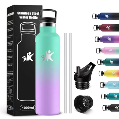 Abbildung von KollyKolla Edelstahl Trinkflasche 1L, Auslaufsichere Wasserflasche mit Strohhalm, Kohlensäure Geeignet, Vakuum Thermoskanne BPA frei, für Erwachsene, Sport, Fitness, Gym, Camping