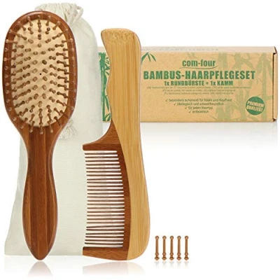 Abbildung von com four® 2 teiliges Premium Haarpflegeset, Paddle Brush Bürste und EIN Stylingkamm aus Bambusholz, Bambus Haarbürste Frisierkamm für jeden Haartyp (2 teilig Kamm + Bürste)