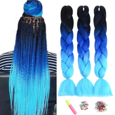 Abbildung von ShowJarlly Kanekalon Kunsthaar Haar, Haar Braids Extension, Ombre Jumbo Braid Haarverlängerung 24&quot;, Zöpfe Box Zum Einflechten Schwarz/Königsblau/Himmelblau#