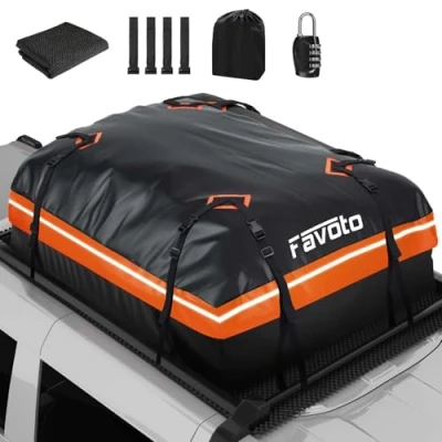Abbildung von Favoto Dachbox 566L Faltbarer Dachkoffer wasserdichte Dachtasche mit Antirutschmatte Türhaken Verstärkungsgurte für PKW Autos SUVS mit/ohne Gepäckträger Reisen Gepäcktransport Schwarz Orange