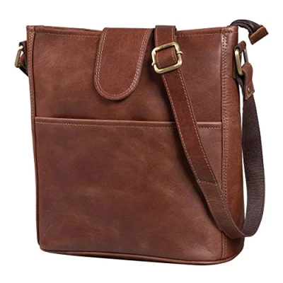 Abbildung von LEABAGS Leder Handtasche Damen I Premium Echtleder Umhängetasche Schultertasche Damentasche Tragetasche für Arbeit Uni Schule Freizeit Größe L (31 x 23 6 cm) Vintage Cognac