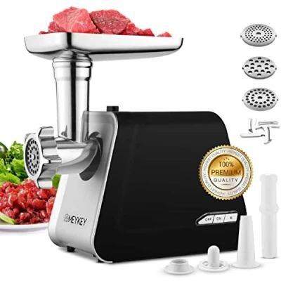 Abbildung von Meykey Elektrischer Fleischwolf, max. 2000 W, 3 in 1 Wurst und Fleischwolf mit Lochscheiben, Wurstaufsatz, Edelstahl, Rücklauffunktion (Schwarz 1)