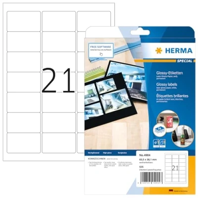 Abbildung von HERMA 4904 Hochglanz Etiketten, 25 Blatt, 63,5 x 38,1 mm, 21 pro A4 Bogen, 525 Stück, selbstklebend, bedruckbar, glänzend, blanko Glossy Papier Klebeetiketten Aufkleber, weiß