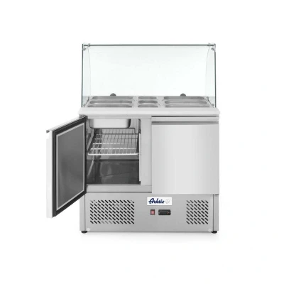 Abbildung von HENDI Saladette 300l mit Glasaufsatz 2 türig 2x GN 1/1 3x 1/6 inkl. Böden 90 x 70 130 cm, Gastro Edelstahl Kühltisch Glasabdeckung