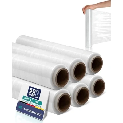 Abbildung von Inoverse 6 Rollen Stretchfolie Transparent Wickelfolie 50cm/1.5kg, Folie Für Möbel &amp; Umzug, Palettenfolie, Handstretchfolie, Verpackungsfolie auf Rolle, Strechfolienrolle, Verpackungsmaterial