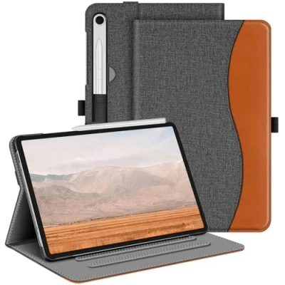 Abbildung von Fintie Hülle für Samsung Galaxy Tab S9 FE 10.9 Zoll/Tab 11 Zoll 2023 Tablet, Multi Winkel Folio Schutzhülle mit Dokumentenfach und Auto Schlaf/Wach Funktion, Grau/Braun