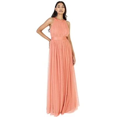 Abbildung von Anaya with Love Damen Ladies Maxi Dress for Women Halter Neck Long Sleeveless Belt A Line Evening Gown Ball Prom Wedding Guest Bridesmaid Kleid, Coral Pink, 46