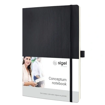 Abbildung von SIGEL CO308 Premium Notizbuch dotted, A4, Softcover, 194 nummerierte Seiten, schwarz, nachhaltiges Papier, mit Inhaltsverzeichnis, Stiftschlaufe, Falttasche, Gummibandverschluss, Conceptum