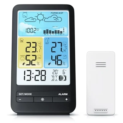 Abbildung von CSL Funk Wetterstation Außensensor Farbdisplay Funkuhr DCF Signal DST Innen und Außentemperatur Temperaturwarnung Alarm Frostalarm Luftdruck Barometer Temperaturtrend