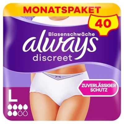 Abbildung von Always Discreet Inkontinenz Pants Gr. L, Normal, 40 Höschen (4 x 10 Stück) für Damen, Monatspaket, schliesst Gerüche und Flüssigkeit sofort ein