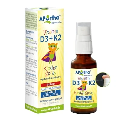 Abbildung von APOrtha® Vitamin D3 + K2 für Kinder Erdbeergeschmack 25 ml vegetarisches Mundspray, ca. 180 Portionen, 400 IE pro Sprühstoß, 10 µg K2VITAL® MK 7 zuckerfrei