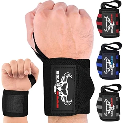 Abbildung von BEAST RAGE Handgelenk Bandagen (Gym Wrist Wraps) Kraftsport Handgelenkstütze Gelenkbandage Schlaufen Krafttraining Workouts Übungen (Schwarz Voll)
