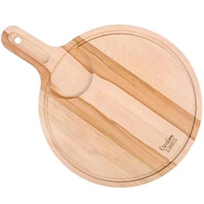 Abbildung von Creative Home Rundes Pizzabrett Tablett Serviertablett Schneidebrett Holz Rund 40 x 30 1,5 cm mit Griff, Saftrille, Dip Schüssel Platz Holzbrett für Brot, Fleisch, Gemüse
