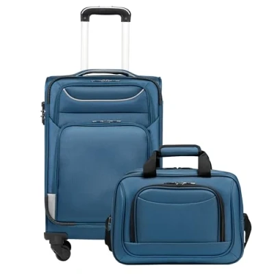 Abbildung von COOLIFE Koffer Trolley Reisekoffer von 4 Rollen Stoffkoffer Handgepäck TSA Schloss Der Enthält 1 Große Umhängetasche (Handgepäck Set 2tlg, blau+Silber)