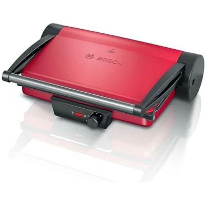 Abbildung von Bosch Tischgrill TCG4104, 3 in1 Kontaktgrill, Stufenloses Thermostat, Fettablaufrinne, Herausnehmbare Aluminium Grillplatten, einfache Reinigung, 2000 W, rot