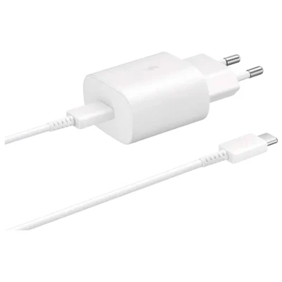 Abbildung von Samsung Ladegerät Netzteil Travel Adapter + USB C auf kabel Weiß