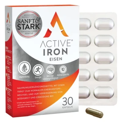 Abbildung von Active Iron Nicht verstopfende Eisentabletten Eisen unterstützt die Immunabwehr Klinisch erprobte Absorption 30 Kapsel Pack