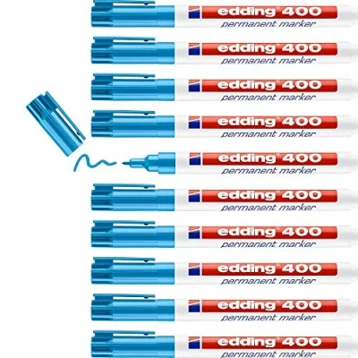 Abbildung von edding 400 Permanentmarker hellblau 10 Stifte feine Rundspitze 1 mm wasserfest, schnell trocknend wischfest für Karton, Kunststoff, Holz, Metall, Glas