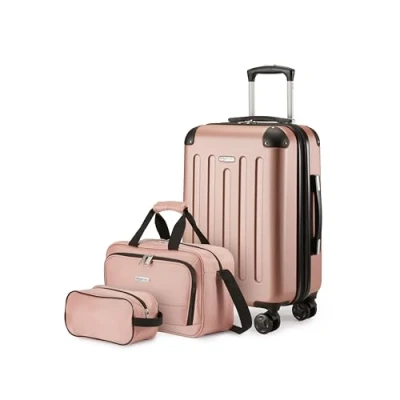 Abbildung von Amazon Basics Hartschalenkoffer Handgepäck Set, 3 teilig, Handgepäckkoffer, Tragetasche, Kompakte Reisetasche, Erweiterbar, 4 Spinner Räder, Roségold