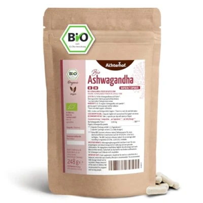 Abbildung von Ashwagandha Kapseln Bio 400 Stück Nachfüllpack hochdosiert 1500 mg pro Tagesdosis indischer Ginseng 100% Naturrein fein gemahlenes Pulver in Qualität Vegan vom Achterhof