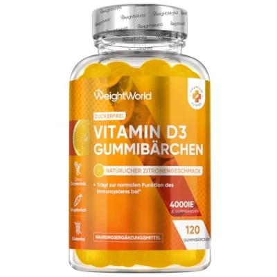 Abbildung von Vitamin D3 Gummies 4000 IE Sonnenvitamin 120 Stück mit Zitronengeschmack 1 Gummibärchen alle 4 Tage Zuckerfrei &amp; Ohne Gelatine D Nahrungsergänzungsmittel WeightWorld