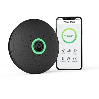 Abbildung von Airthings 2911 Wave Plus, Black Edition Radon und Luftqualität Messgerät zur Überwachung von Radon, CO2 Konzentration, VOC Luftdruck, Feuchtigkeit Temperatur