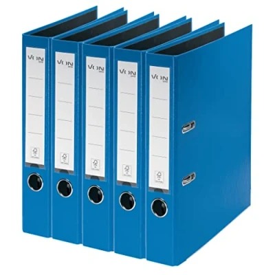 Abbildung von VON Leitz 5er Pack Ordner A4, Karton mit Kunststoffeinband, 50 mm Rückenbreite, Für 350 Blatt, FSC zertifizierter Karton, Schule, Studium &amp; Haushalt, Blau, 10561035