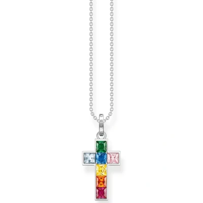 Abbildung von Thomas Sabo Damen Kette Kreuz mit bunten Steinen Silber, aus 925er Sterlingsilber, Steinbesatz in Regenbogen Farben, Länge 45cm, KE2166 477 7 L45V