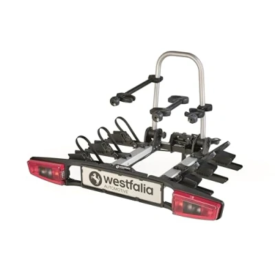Abbildung von Westfalia Bikelander Fahrradträger für die Anhängerkupplung Kupplungsträger 3 Fahrräder E Bike geeignet zusammenklappbar LED Hybrid Leuchten, Schwarz, silber
