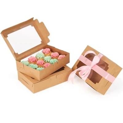 Abbildung von BELLE VOUS Braune Papier Cupcake Box mit Sichtfenster (20 Stück) 20,3 x 13,5 5 cm Einweg Transportbox Cookies, Cupcakes, Desserts &amp; Torten Muffin