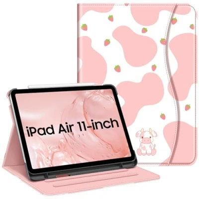 Abbildung von Fintie Hülle für iPad Air 11 Zoll M2 (2024), 5. Generation (2022) / 4. Gen 10,9 Zoll, Multi Winkel Betrachtung Folio Stand Schutzhülle Case mit Dokumentschlitze (Z Strawberry Cow)