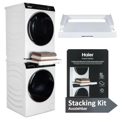 Abbildung von Haier Verbindungssatz für Waschmaschinen und Trockner in Premium Qualität/Ablage Wäschekorb/Kompatibel mit der Serien 3, 5, 7 den Trocknern 5 / Weiß