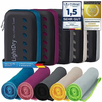 Abbildung von LightDry® Original Mikrofaser Sporthandtuch Backpack Reise Handtuch Sport &amp; Fitness Badehandtuch saugfähig, leicht antibakteriell schnell trocknend (120 x 50 cm, Blau)