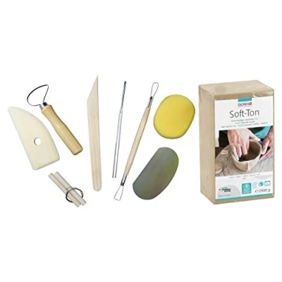 Abbildung von GLOREX 6 8075 301K Set für Kreative: Soft Ton 2500 g in weiß, lufthärtend oder brennbar und 8 teiliges mit strapazierfähigem Modellierwerkzeug