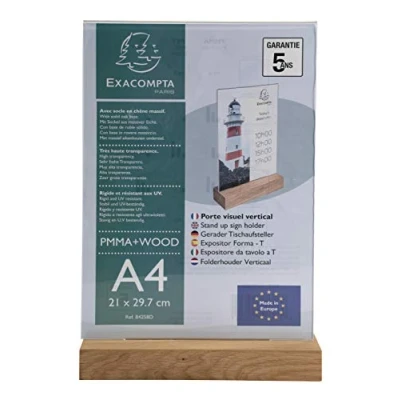 Abbildung von Exacompta 84258D Tischaufsteller mit Holzsockel DIN A4 Hochformat aus hochwertigem Acryl beidseitig verwendbar UV beständig Prospektschild Flyerhalter Tischschild Prospekthalter transparent