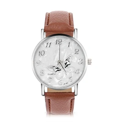 Abbildung von Sonew Frauen Quarz Uhr Weibliche analoge runde Armbanduhren PU lederner Bügel Mode einfache Schmetterlings Entwurfs Armbanduhr(Coffee)