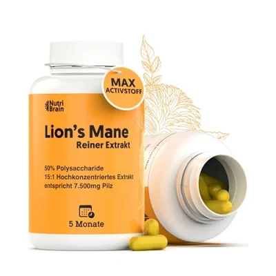 Abbildung von Lions Mane Ultraconzentriert &gt;50% Polysaccharides, &gt;15% βGlucanes, 100% Fruchtkörper 7500mg 5 Monate, Nur 1 Kaps./Tag Hericium Erinaceus: Gedächtnis, Gehirn , emotionale und Darmgesundheit