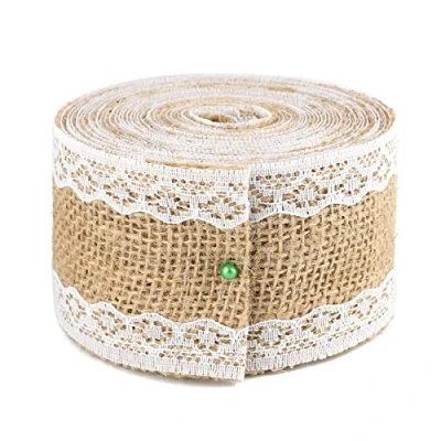 Abbildung von G2PLUS 5M Vintage Leinwand Hessische Jute Band Handwerk Farbband mit Weisse Spitzen für Hochzeit Haus Dekor