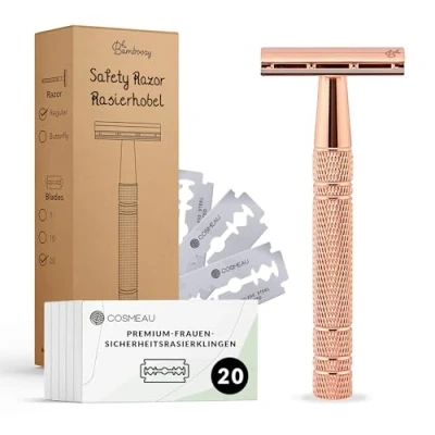 Abbildung von Bamboozy Rasierhobel für Damen Safety Razor Aluminium Zero Waste Double Edge Nassrasierer (20 Rasierklingen, Rose Gold)