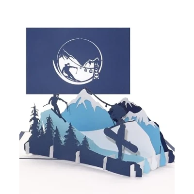 Abbildung von Pop Up Karte „Ski &amp; Snowboard“ 3D Geburtstagskarte, Einladungskarte Geschenkgutschein als Reisegutschein, Einladung, Geschenkverpackung und Gutschein zum Ski Urlaub Snowboardfahren