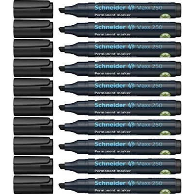 Abbildung von Schneider Maxx 250 Permanent Marker mit Keilspitze (Strichstärke: 2+7 mm, nachfüllbar) 10er Packung schwarz
