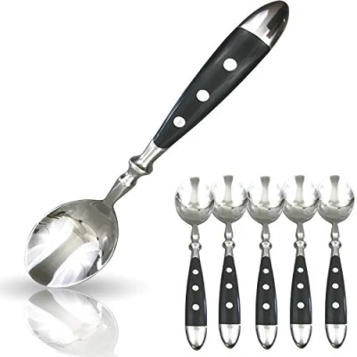 Abbildung von Kerafactum 6 Löffel Suppenlöffel Loeffel Set Tafellöffel für Suppen Eintöpfe Speiselöffel genietet Edelstahl Besteck mit schwarzen Griffen im Landhausstil Bistro erweiterbar table spoon