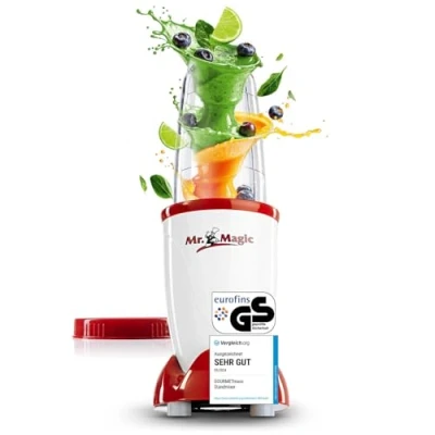 Abbildung von GOURMETmaxx Mr. Magic Mixer Smoothie Maker 4 tlg. Standmixer mit Mixbecher &amp; Frischhaltedeckel Blender 8 Funktionen Food Processor für Shakes, Smoothies, Shots Co.