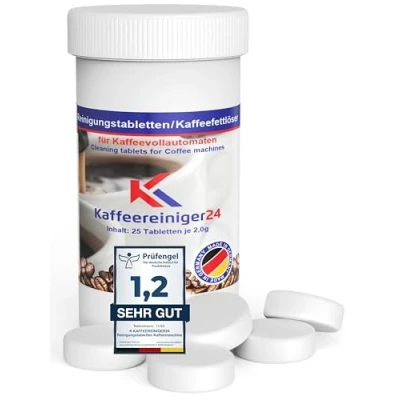 Abbildung von Reinigungstabletten für Kaffeevollautomaten und Kaffeemaschinen 25x 2g Reinigungstabs sind getestet kompatibel mit Jura, Siemens, EQ Series, Melitta, Nivona, Krups, Bosch, Miele uvm.