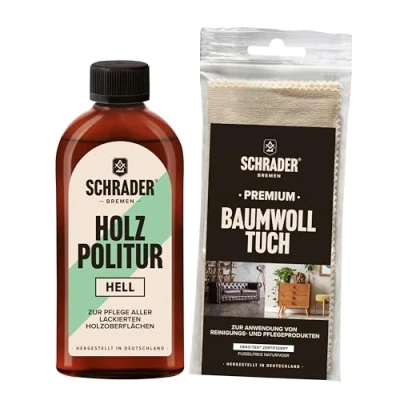 Abbildung von SCHRADER Holz Politur hell Möbelpolitur frischt lackierte Holzmöbel auf 1x 250ml Mit Poliertuch Made in Germany