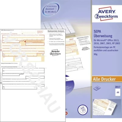 Abbildung von AVERY Zweckform 2817 Sepa Überweisung, (A4, inkl. Software CD, von Rechtsexperten geprüft, für Deutschland, zum einfachen Erstellen Überweisungen am PC, 100 Blatt) weiß