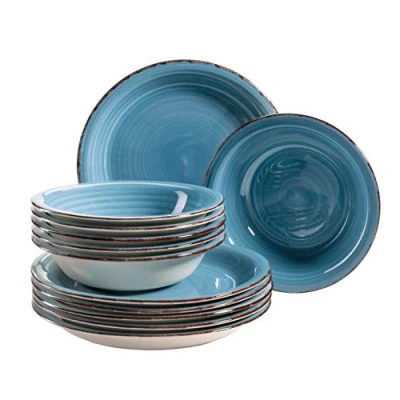 Abbildung von MÄSER 931602 Bel Tempo II Teller Set für 6 Personen im modernen Vintage Look, 12 teiliges Tafelservice, handbemalt, Dunkelblau, Steingut, Blau