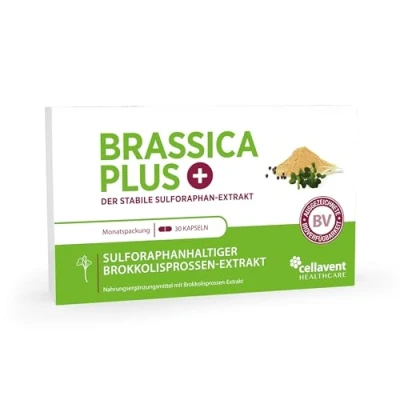 Abbildung von Brokkolisamen Extrakt Kapseln 280.000 mg Brokkoli 99% stabilisiertes Sulforaphan 3.600 Samen pro Kapsel 60% höher bioverfügbar Brassica PLUS